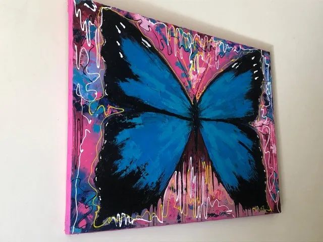 Lindo Quadro decorativo Borboleta azul óleo sobre tela espatulado sem chassi sem moldura - Foto 3