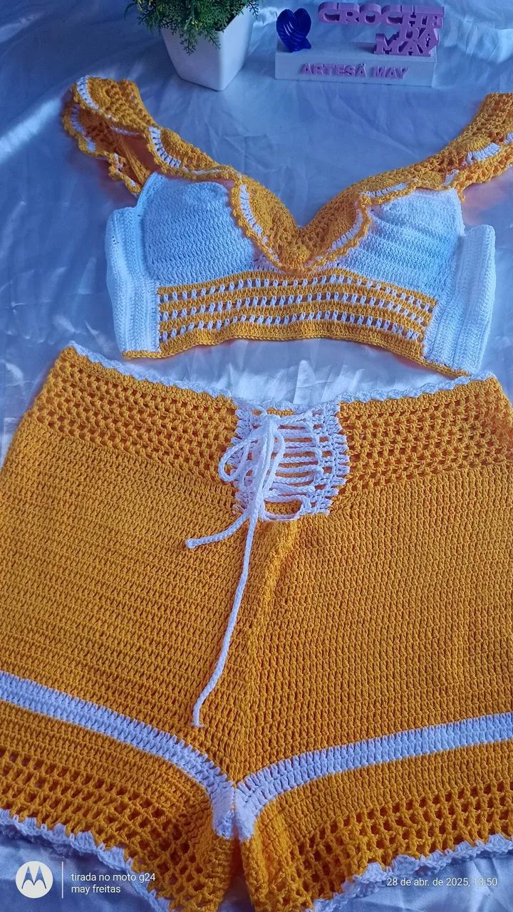 Conjunto cropped e short Crochê Amarelo e Branco - Foto 2