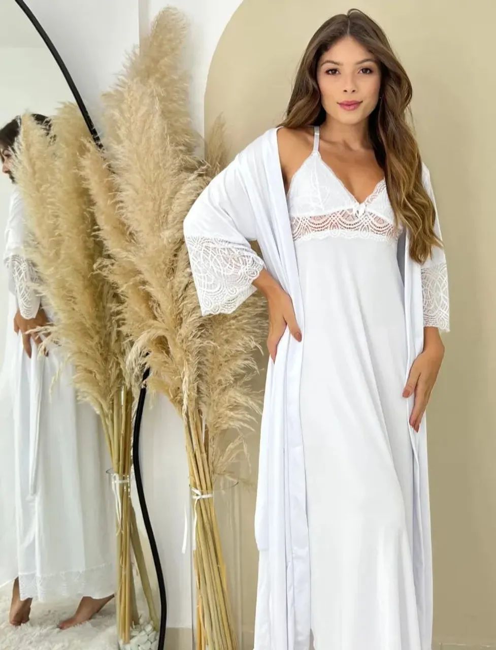 Kit robe e camisola branco M longos sem bojo microfibra 