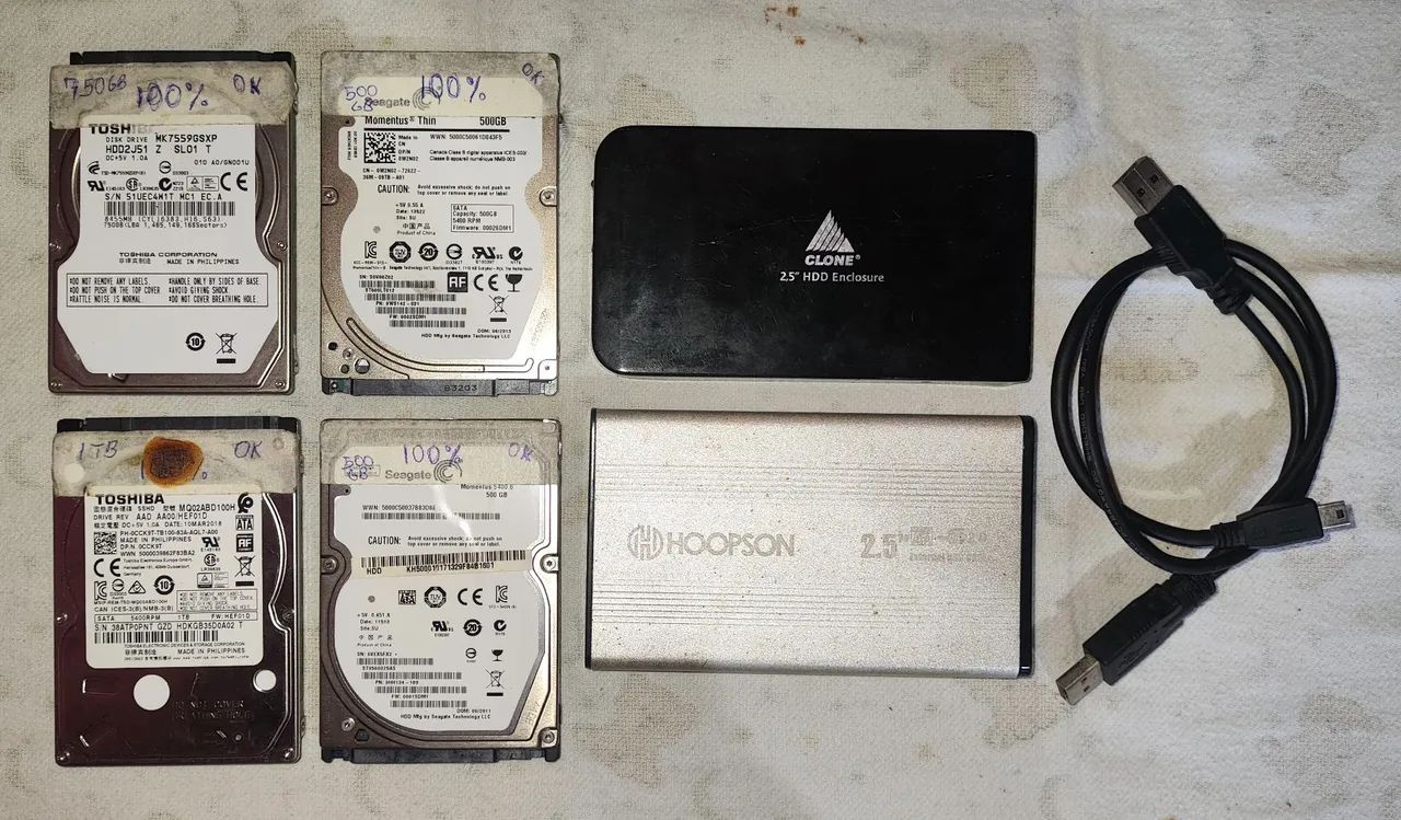 HDs 500GB, 750GB e 1TB (USADOS e FUNCIONANDO) + 2 CADDY (c/ cabos)