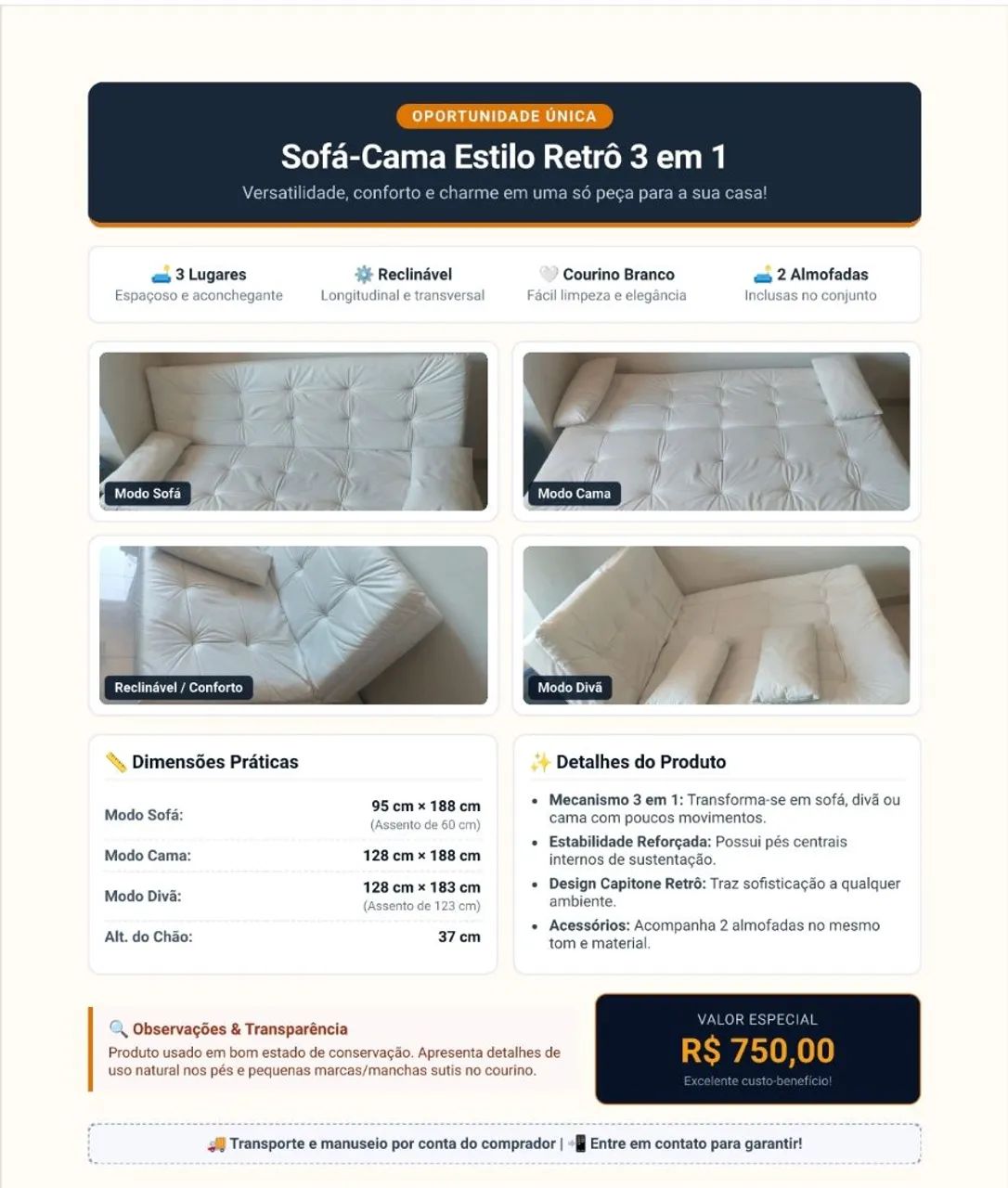 Sofá cama 3 em 1 em courino branco - Foto 5