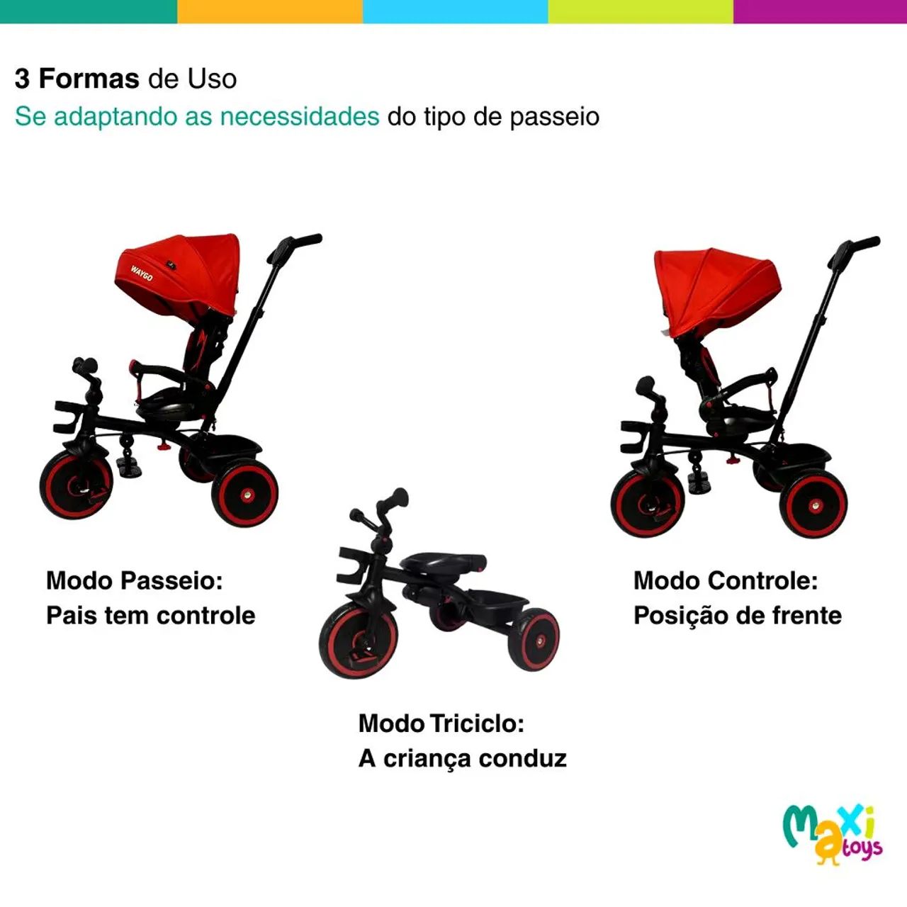 Triciclo Infantil com Empurrador 2 em 1 Waygo Verm Maxi Toys