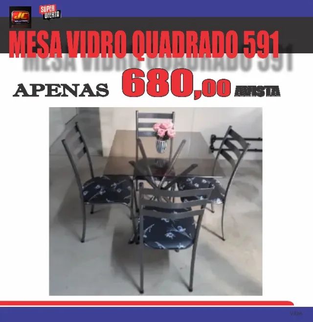 MESA DE VIDRO QUADRADA 4 CADEIRAS