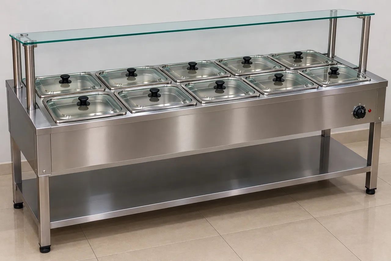 Buffer térmico elétrico. 10 Cubas inox e tampa de vidro. 