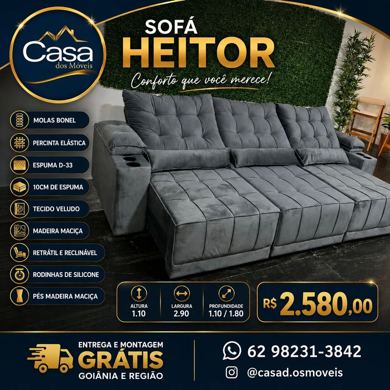 Sofá Heitor 2.90 retrátil 
