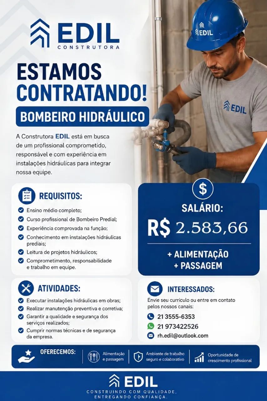 vaga para bombeiro hidráulico
