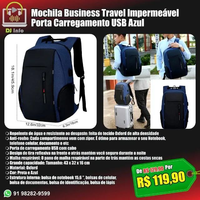 Mochila Business Travel Impermeável  Porta Carregamento USB Azul