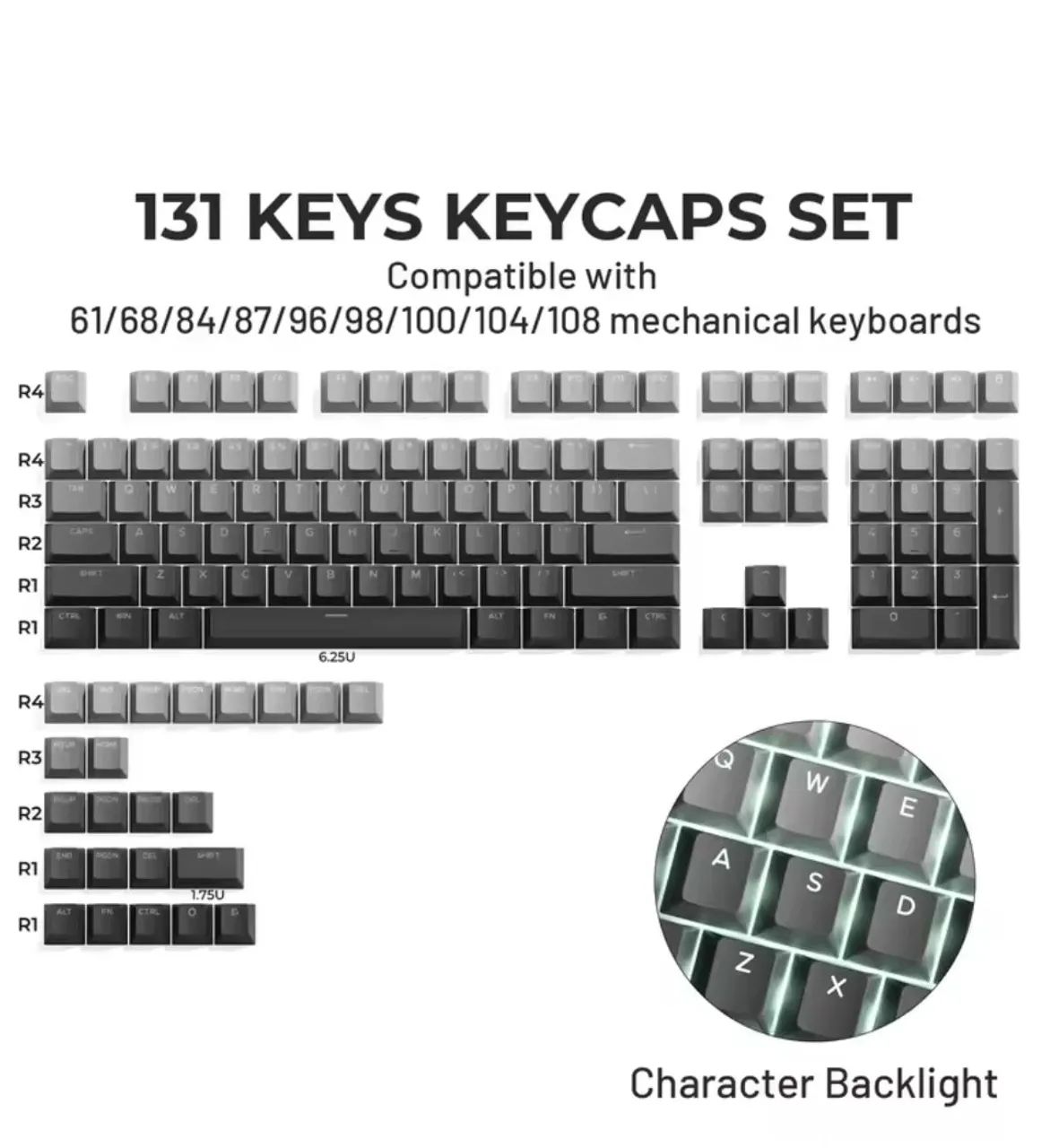 KeyCaps cinza com degrade PBT. Duble Shot NOVO