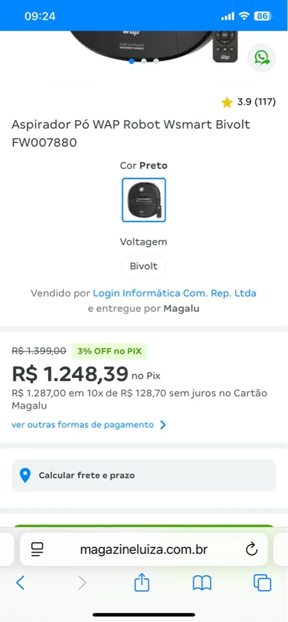 Aspirador Pó WAP Robot Wsmart Bivolt - Preto