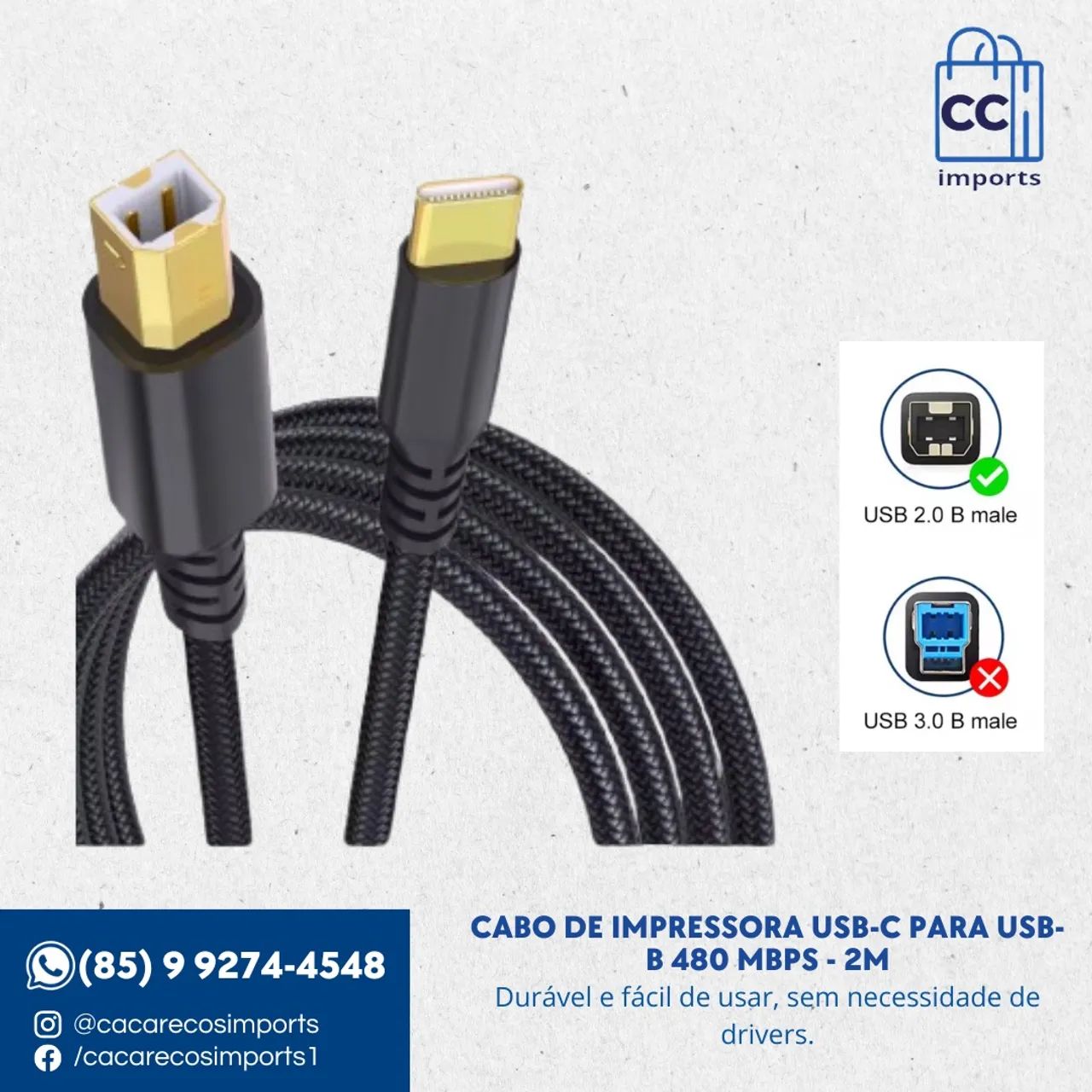 Cabo de Impressora USB-C para USB-B - 2m