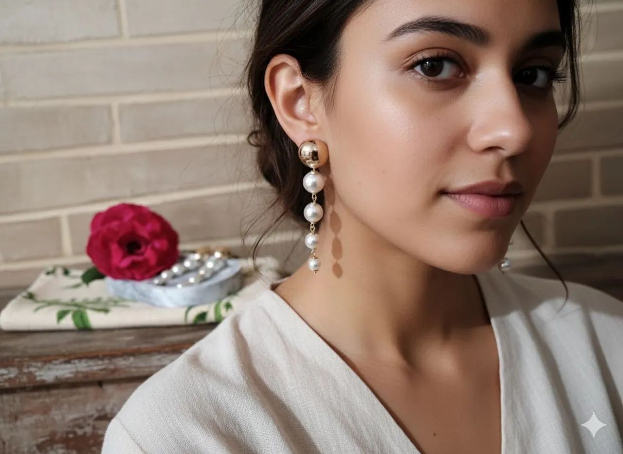 Brincos de pérolas longo com detalhes folheado em ouro 18k  - Foto 5