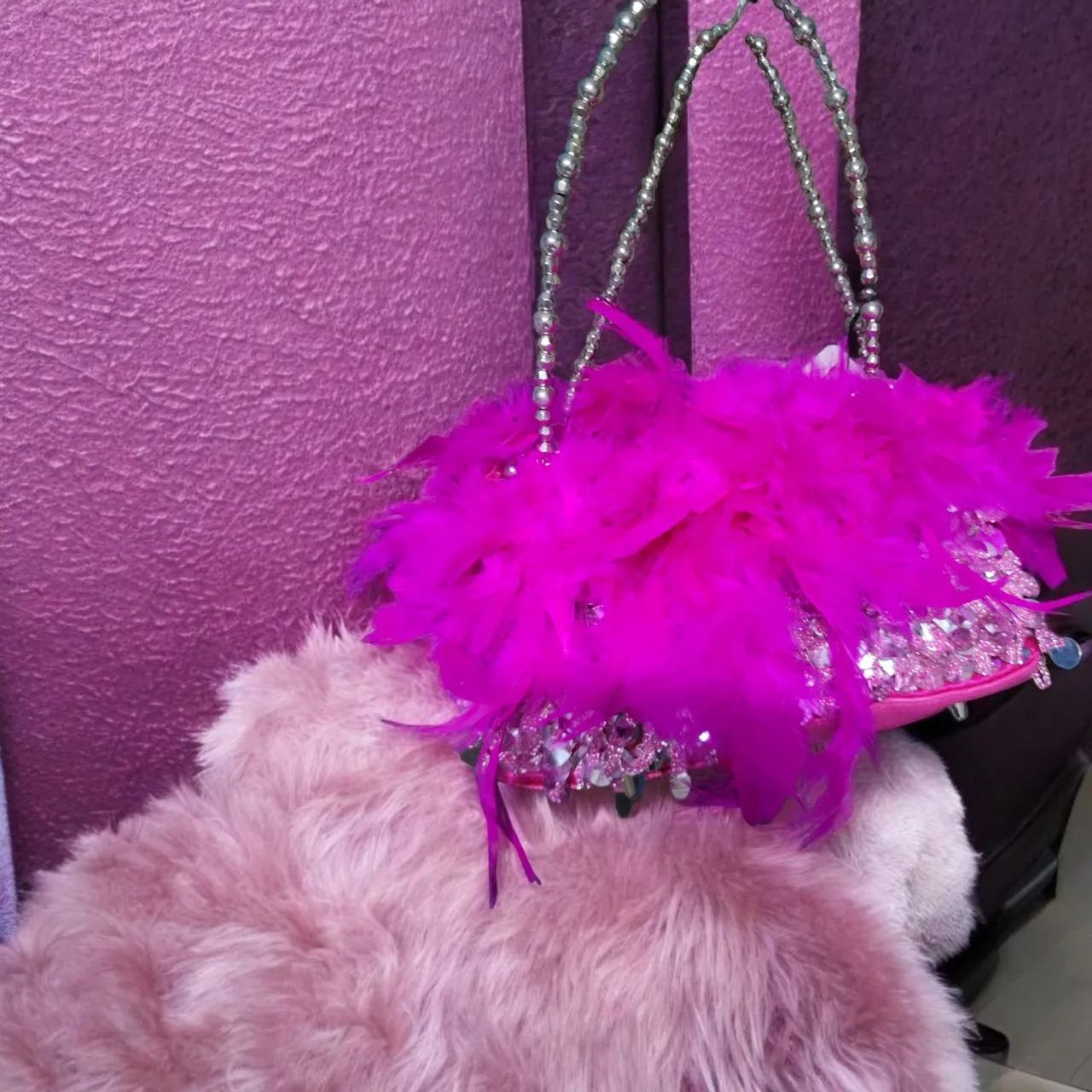 Bolsa Pink plumas Alça Corrente. - Foto 2