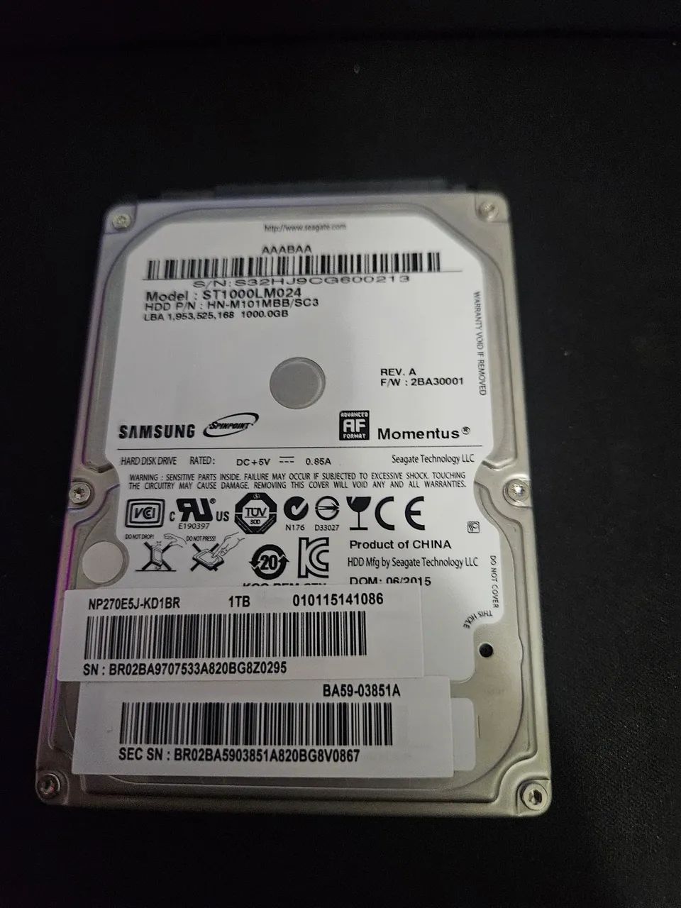 HD Samsung 1TB 2.5" SATA, saudável e funcionando perfeitamente