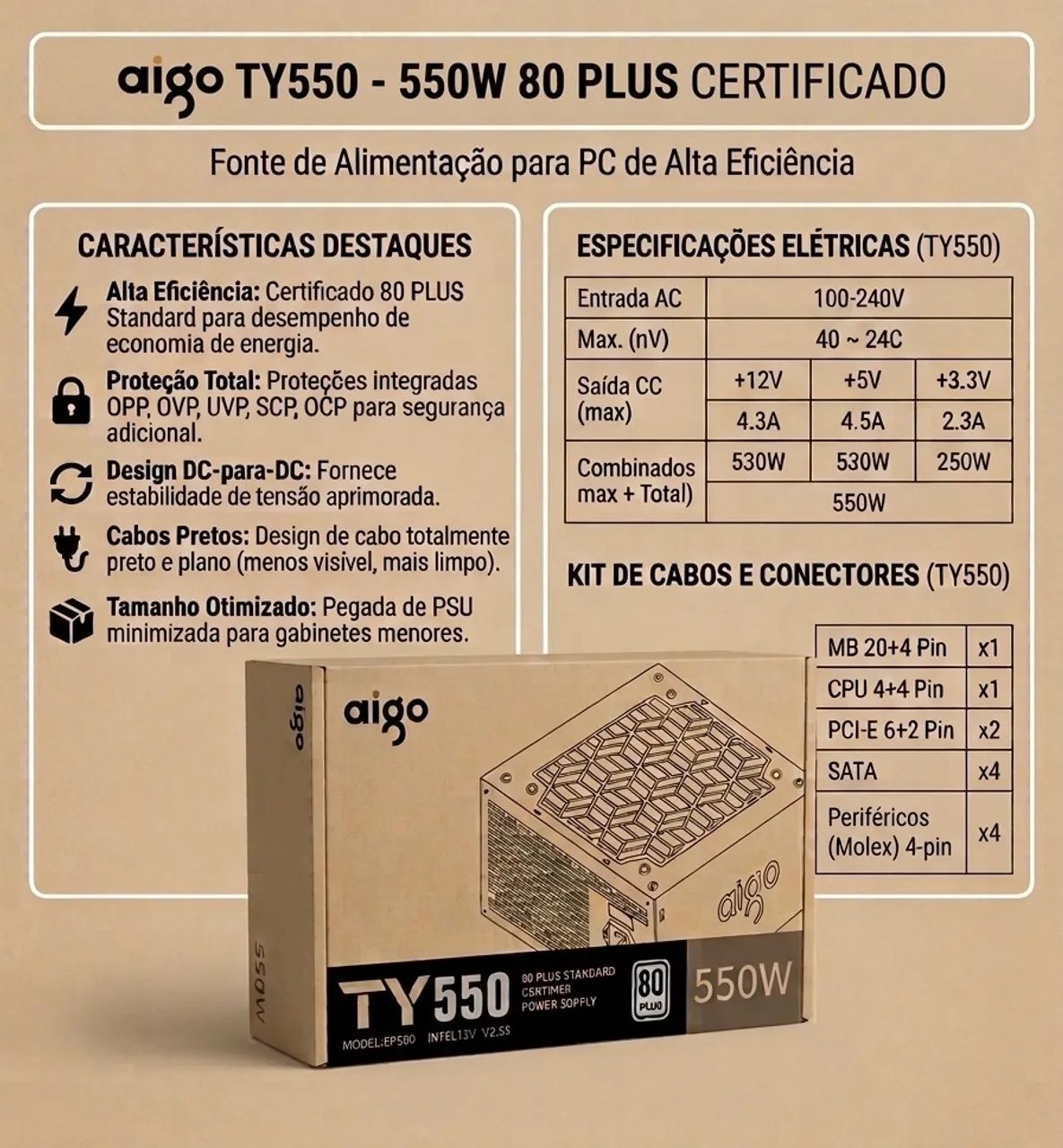 Fonte Aigo TY550 550W 80 Plus (Nova)