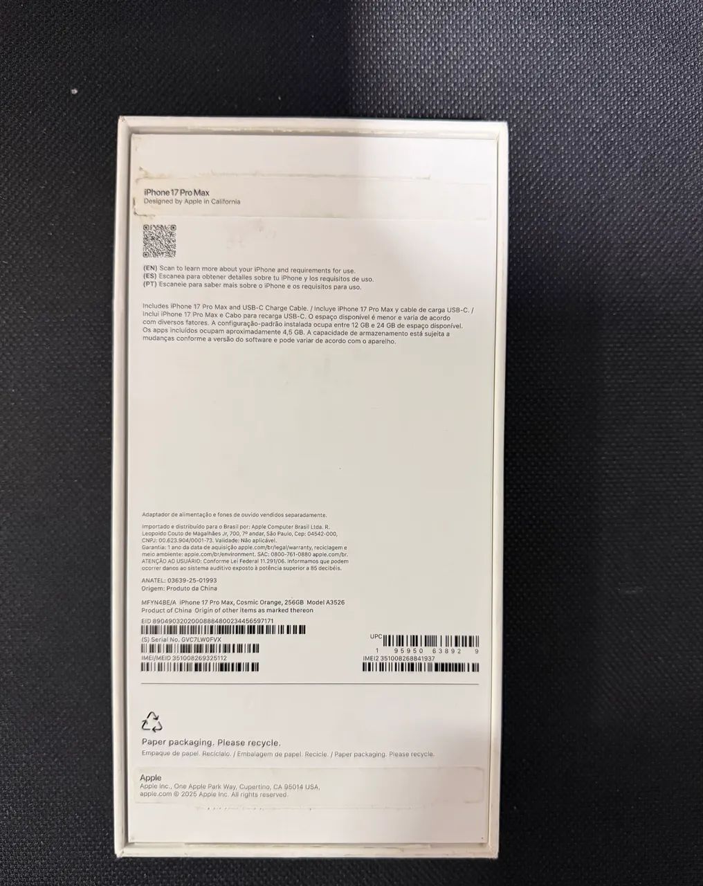 Caixa Original Apple iPhone 17 Pro Max 256 GB Cosmic Orange - Foto 2