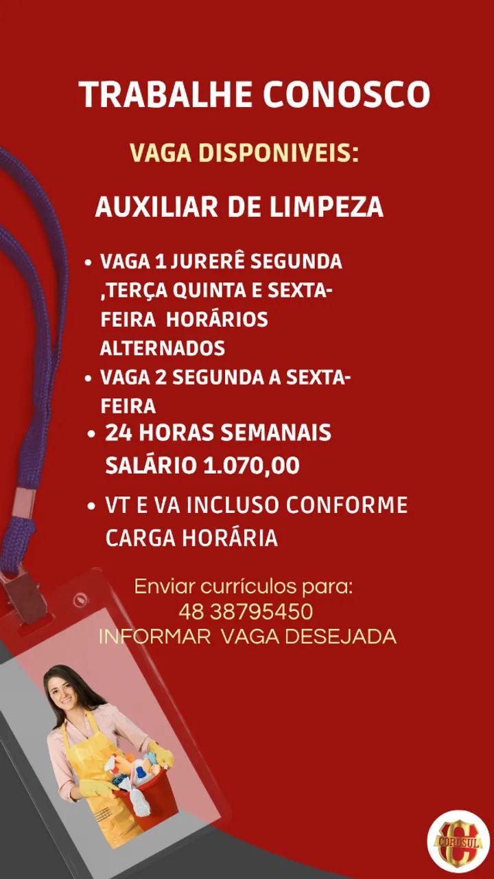 VAGAS DE AUXILIAR DE SERVIÇOS GERAIS JURERÊ E REGIÃO 