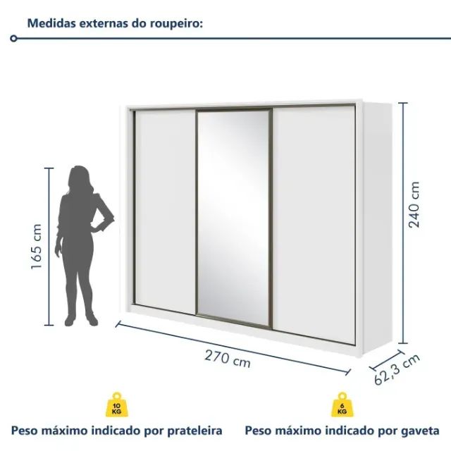 Guarda Roupa 3 Portas de Correr 6 Gavetas com Espelho 2,70m - Foto 2