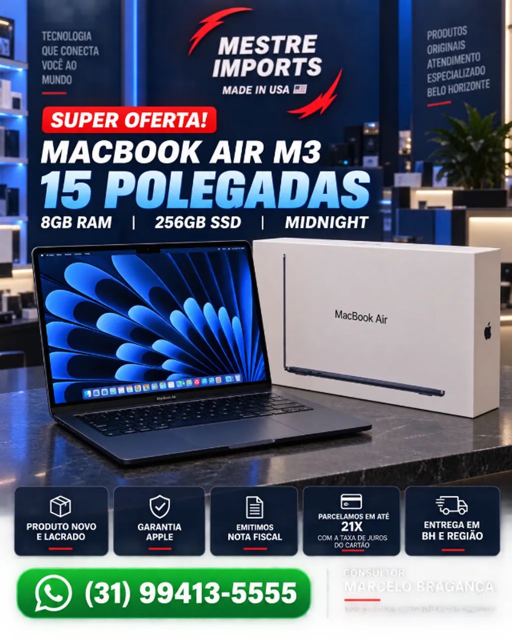 MacBook Air M3 15インチ 8GB 258GB Moftスタンド付 MacBook Air M3 15 polegadas 8GB RAM 256GB SSD MIDNIGHT Novo