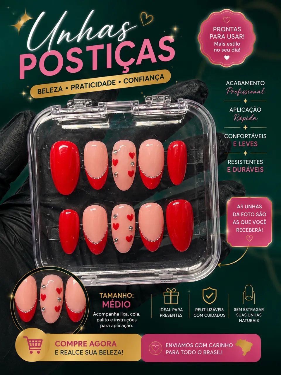 Unhas Postiças Românticas Vermelhas - Artesanais e Reutilizáveis com Kit de Aplicação