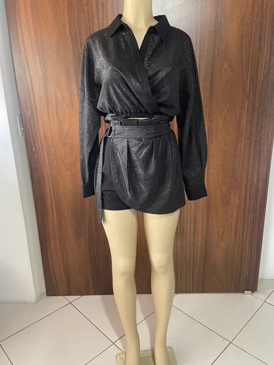 Conjunto John John cropped e shorts saia all black  - Foto 5