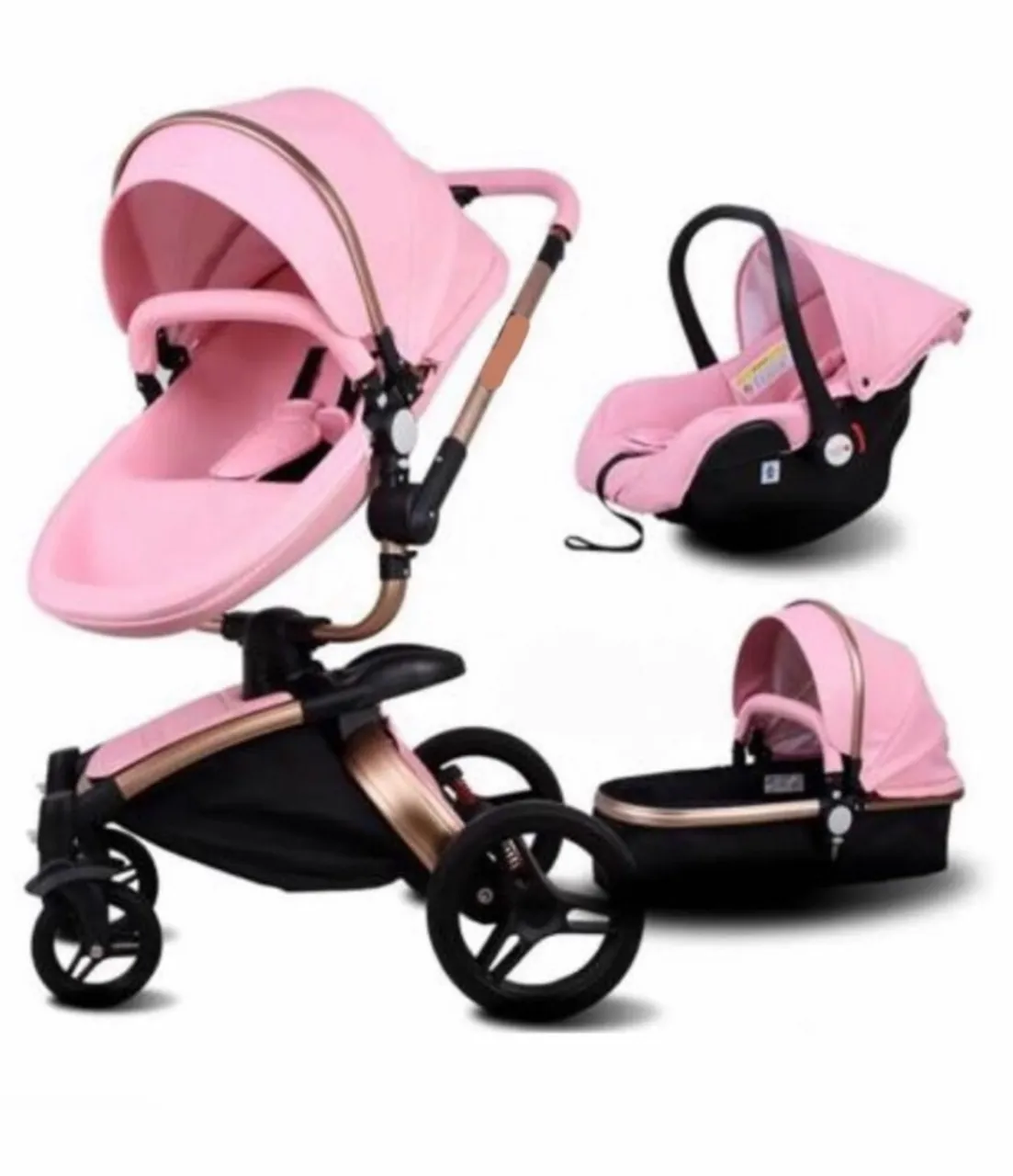 Carrinho de Bebê 3 em 1 Rosa com Bebê Conforto e Moisés