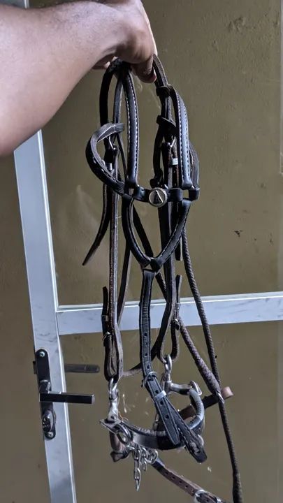 Cabeçada de vaquejada completa 2 rédeas + freio professora + cabeçada de couro legítimo  - Foto 2