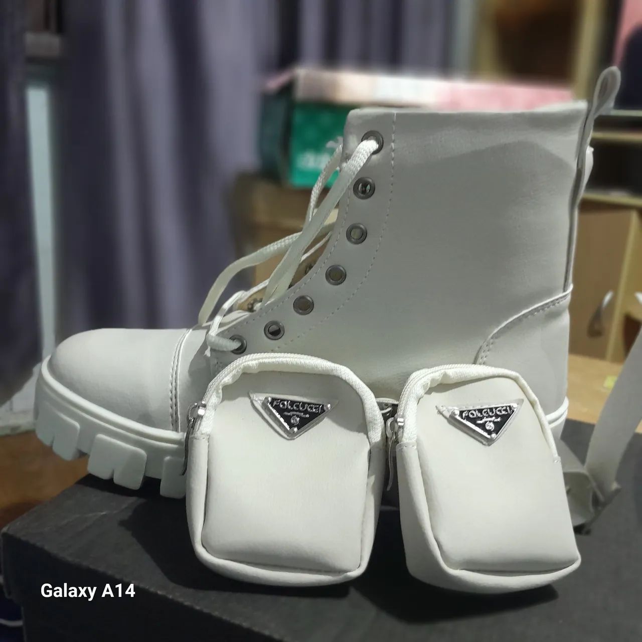 Coturno Feminino Falcucci Nude Off White Plataforma Com Bag Bota Com bolsinha - Foto 2