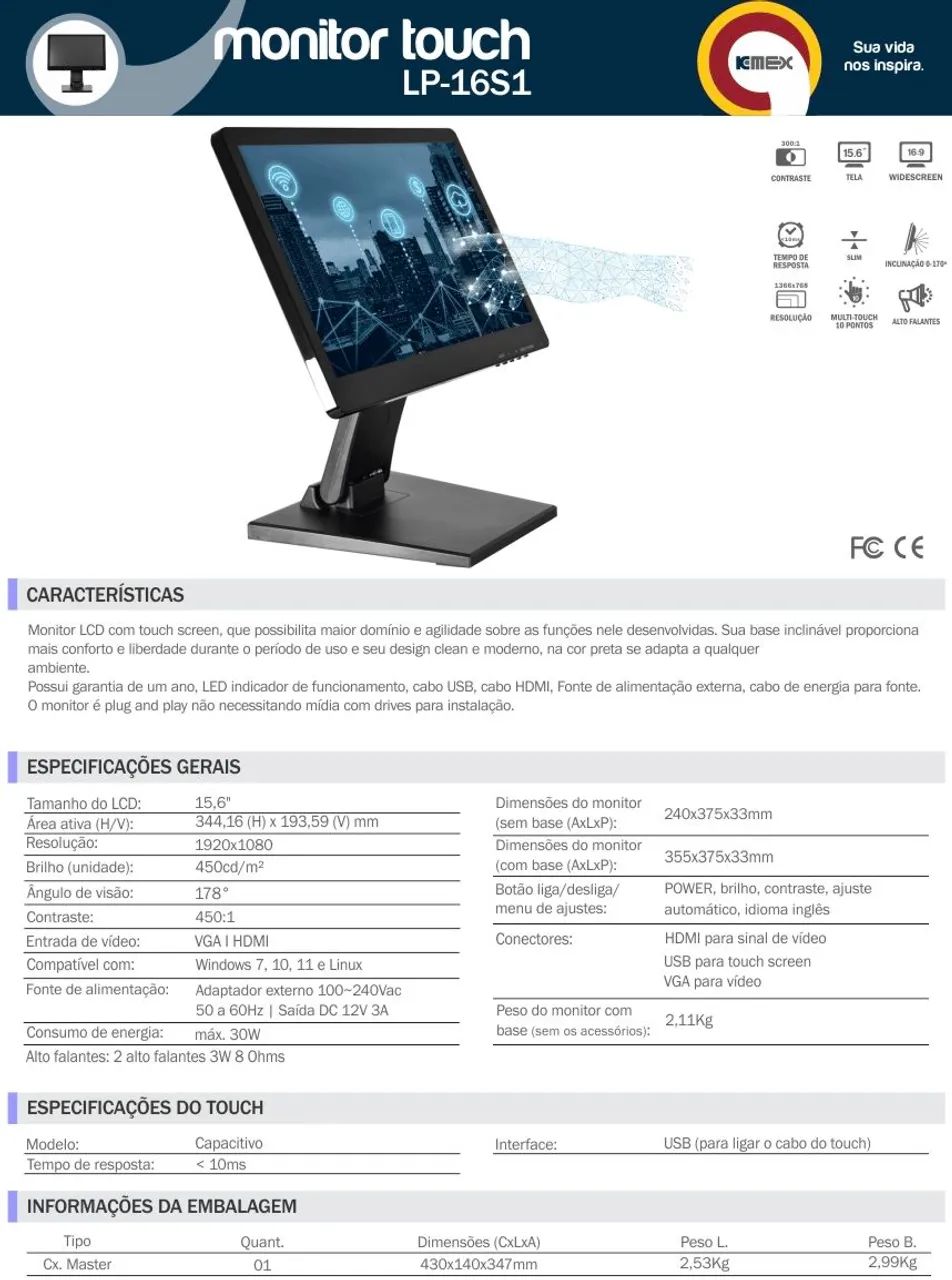 Monitor Kmex LP-16S1 - 15.6" Touch Screen LED Full - Foto 2