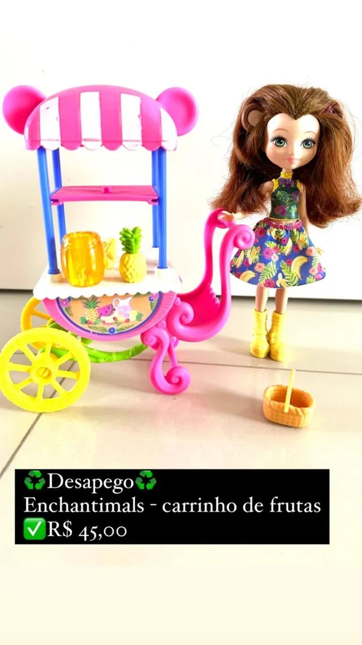 Boneca Enchantimals Merit Monkey com Carrinho de Frutas