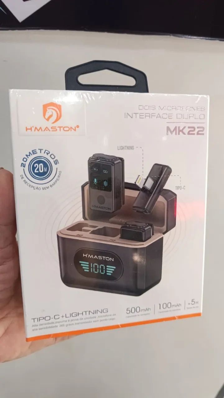 Microfone De Lapela Duplo 2 em 1 Mk22 Tipo C + Lightning + Caixa Carregador -Loja Coimbra 