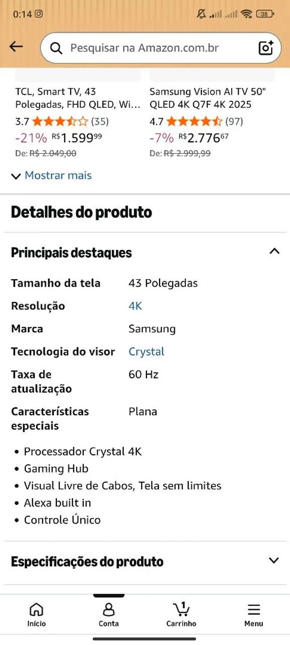 Tv Crystal 43" Samsung, com 1 ano de uso