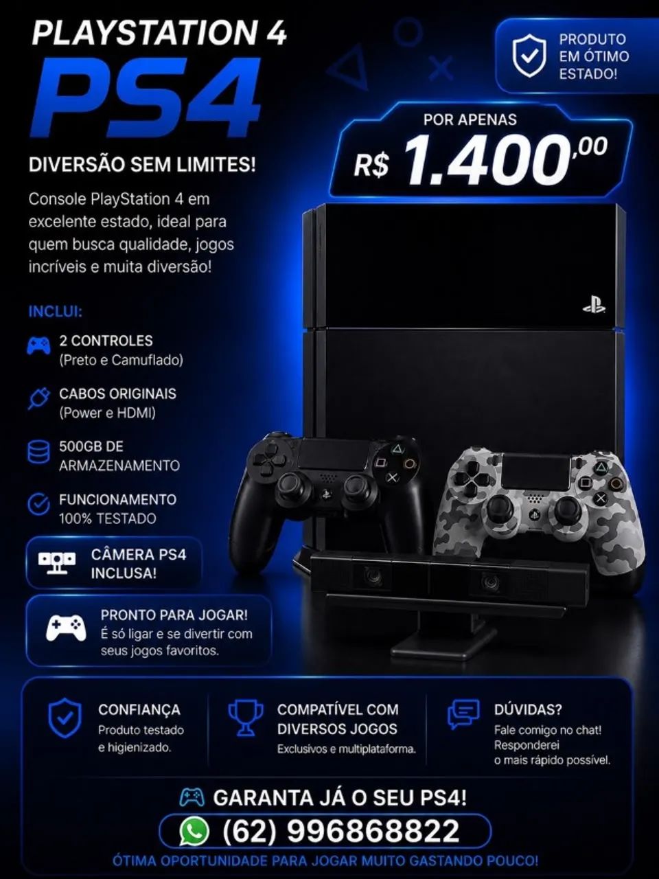 PlayStation 4 Fat 500GB + 2 Controles Originais + Camera Ps4