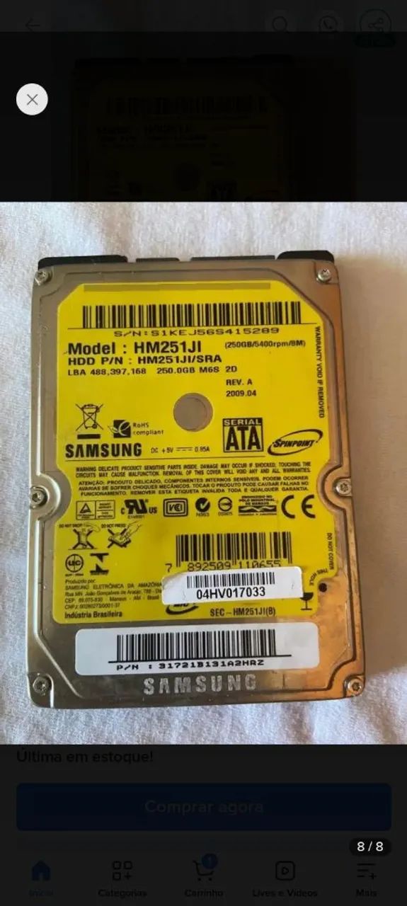 HD pra notebook 250GB