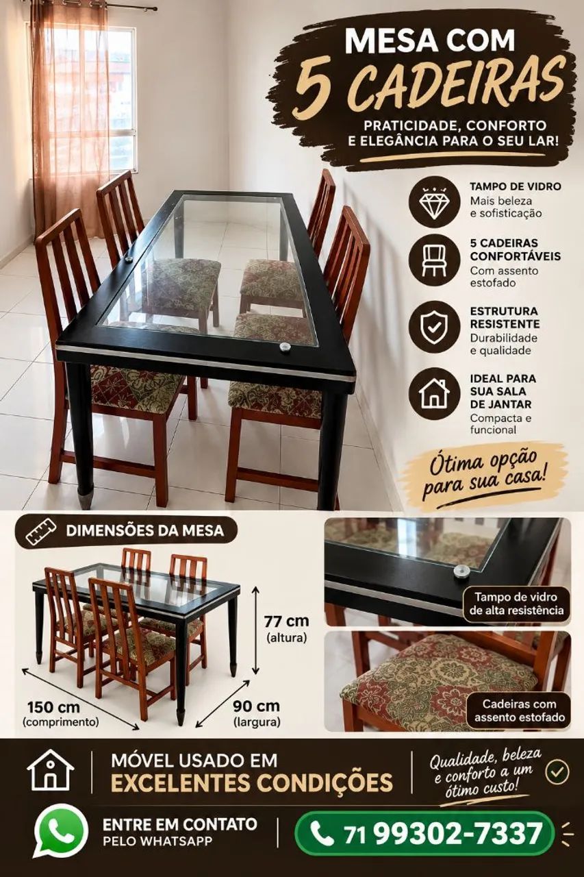Mesa de sala + 5 cadeiras
