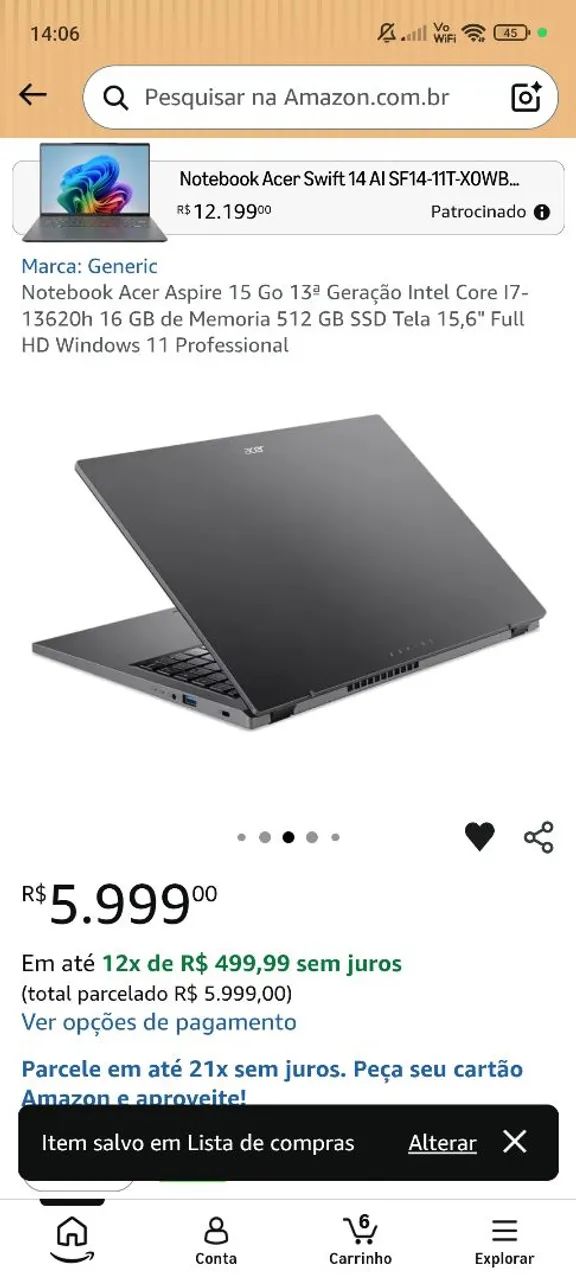 Notebook Acer aspire Go 15 i7