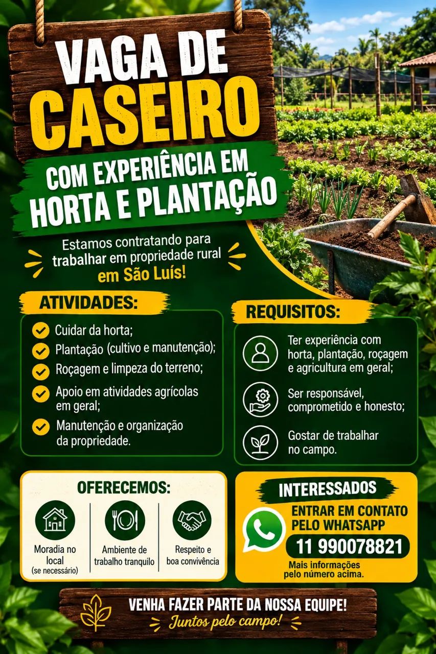 Vaga de Caseiro - Experiência com Horta e Plantação