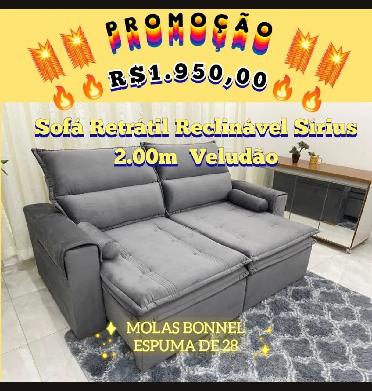 Sofá retrátil e reclinável sirius 2.00m veludão 