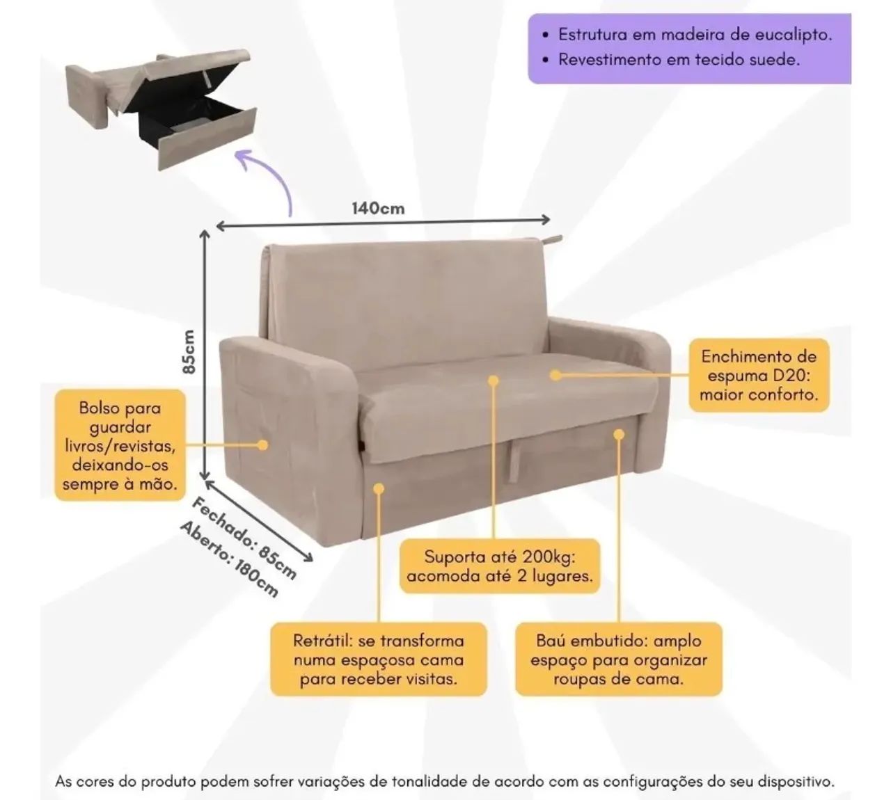 Sofá-cama 140cm 2 Lugares Com Baú Multimóveis BEGE - Foto 4