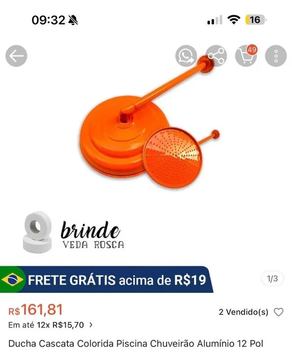 CHUVEIRO DUCHA LARANJA CASCATA COLORIDA ALUMÍNIO 12 POLEGADAS (DIÂMETRO 30,5 CM) - Foto 2