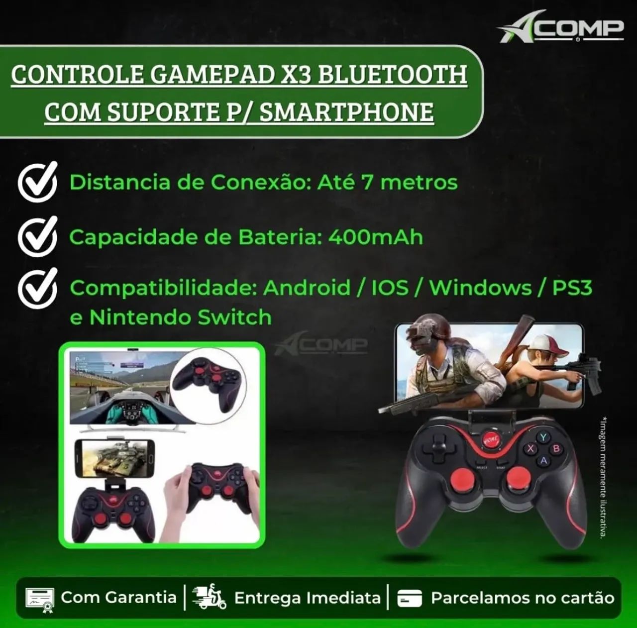Controle Gamepad X3 Bluetooth com Suporte para Celular