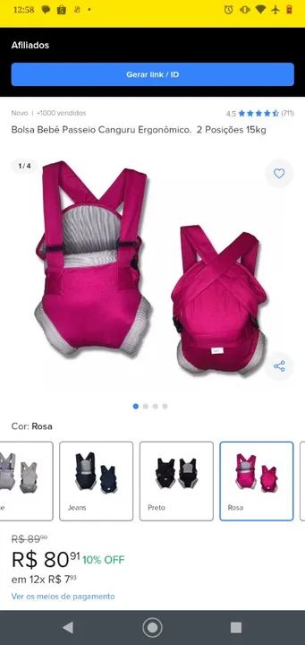 Canguru ergonômico,2 posições,suporta até 15 kg.