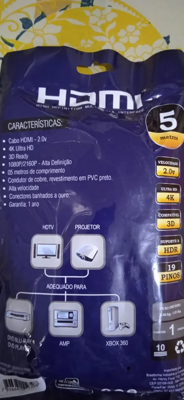 Cabo HDMI 2.0v 4K Ultra HD 5 Metros