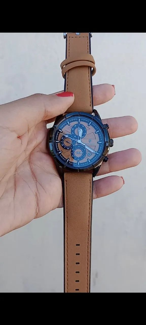 Relógio masculino poedagar - pulseira em couro marrom - Foto 4