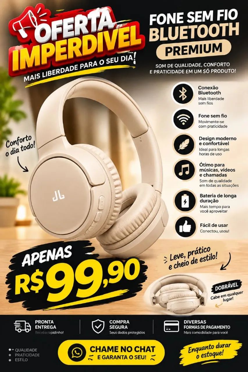 Oferta Imperdível! Fone Bluetooth Sem Fio Premium - R$ 99,90 ?