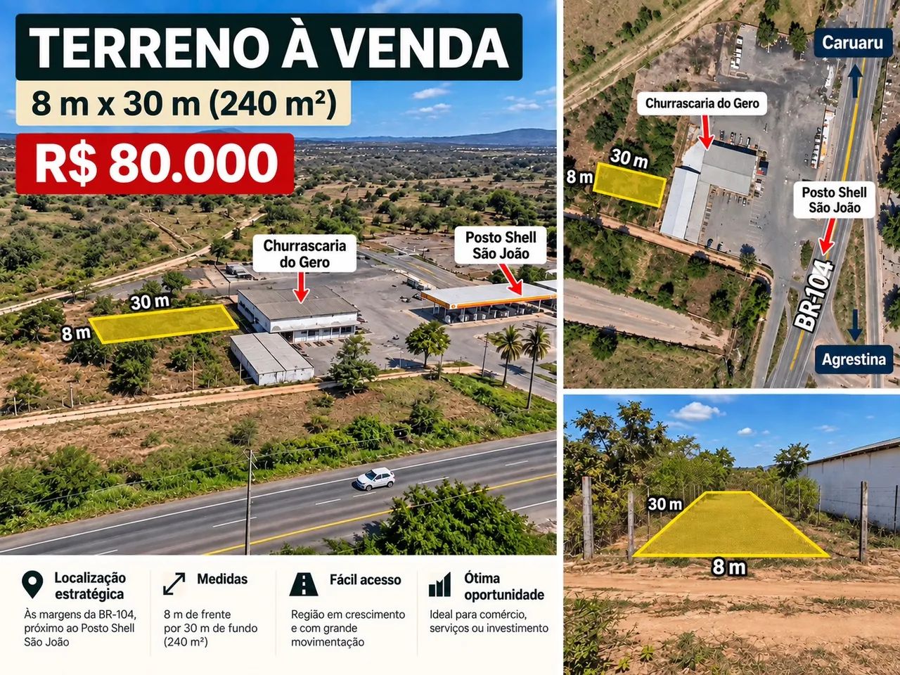Terreno 8x30m em Agrestina próximo à BR-104 e Posto Shell São João