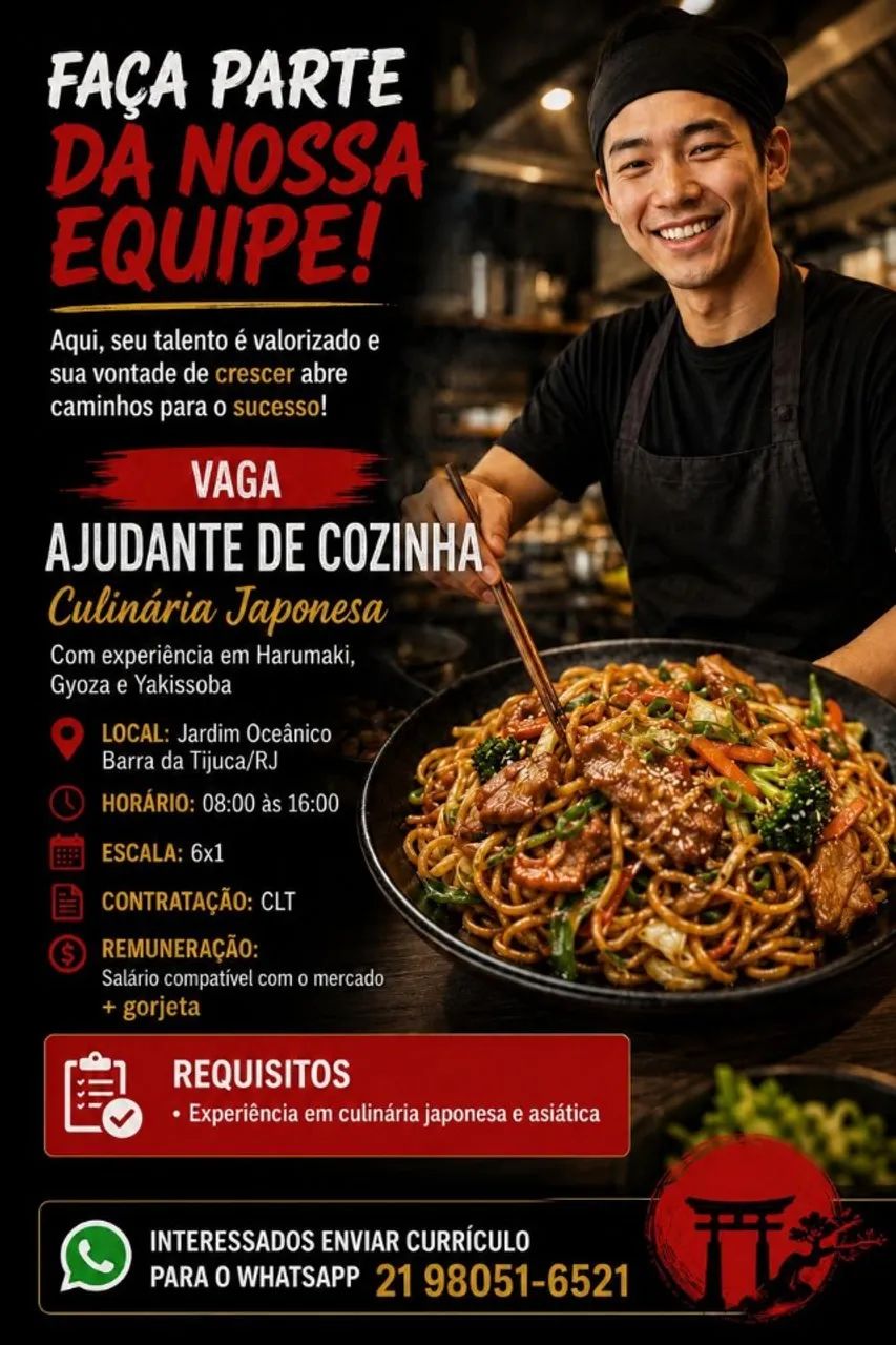 Ajudante de Cozinha com Experiência em Culinária Japonesa / Asiática / Internacional