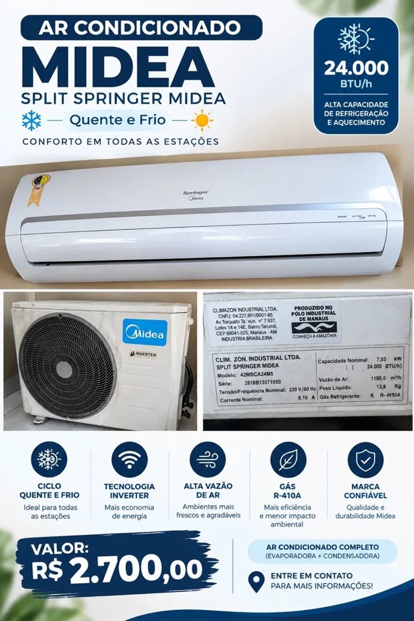 AR CONDICIONADO 24000 BTUS MIDEA SPLIT 