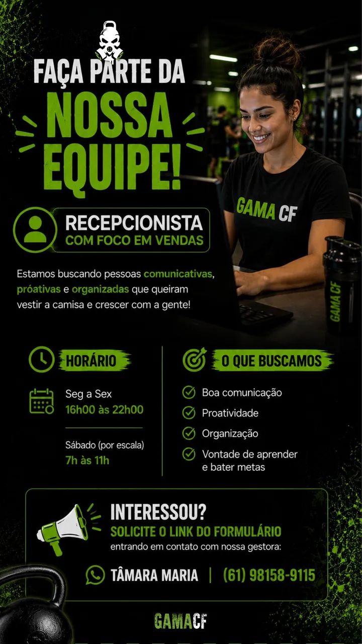 Vaga atendimento ao cliente e vendas - Academia Gama CF