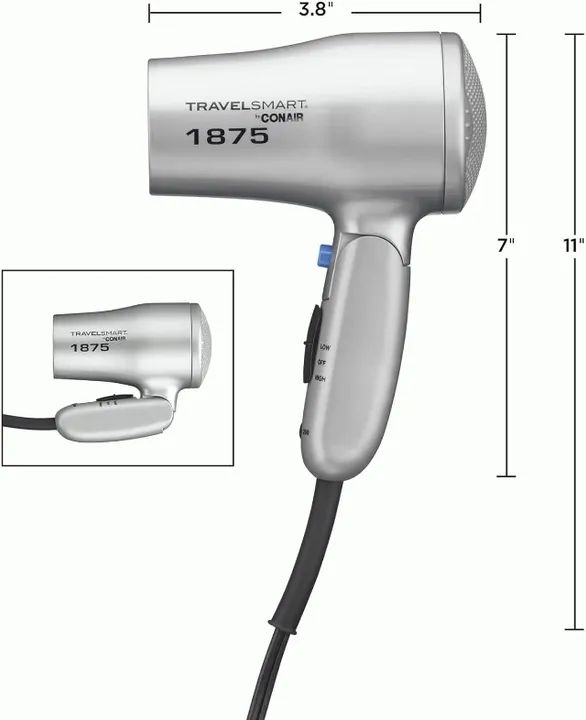 Secador de cabelo compacto Conair de 1875 Watt com alça dobrável, cinza