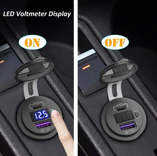 Carregador/Tomada Veicular 48w c/ Voltímetro Led USB/Tipo C PD 3.0 QC 12v/24v - Foto 5